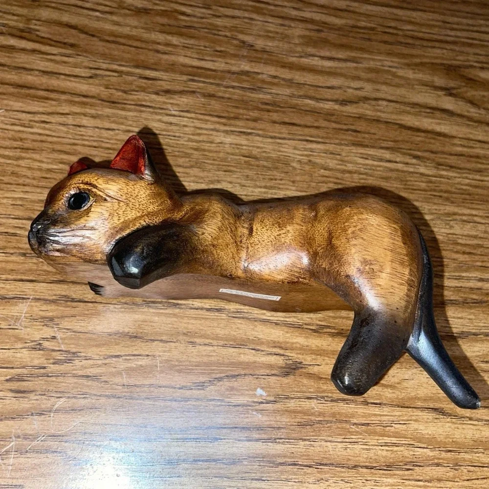 VTG Hand Carved Wood Cat Shelf Sitter Whimsical Siamese Figurine 1980s Folk Art